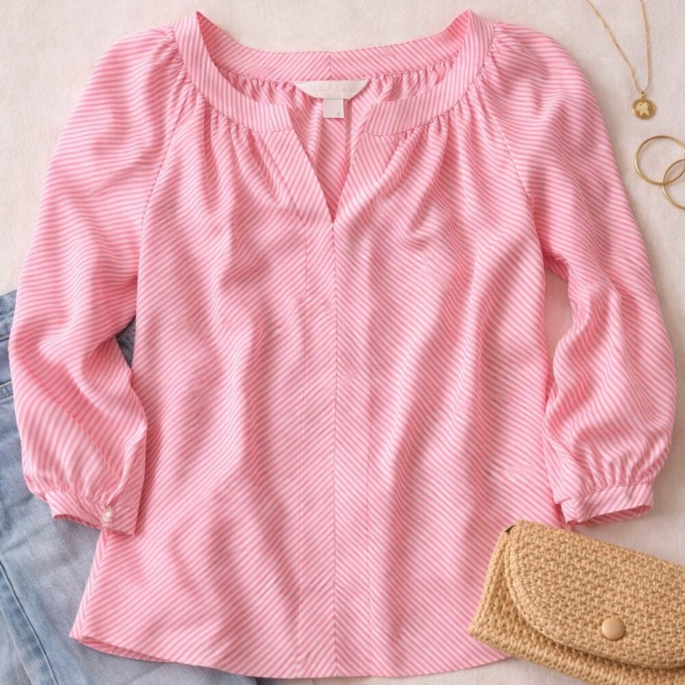 Lilly Pulitzer 100% Silk Pink Stripe Blouse Size Small 3/4 Sleeve